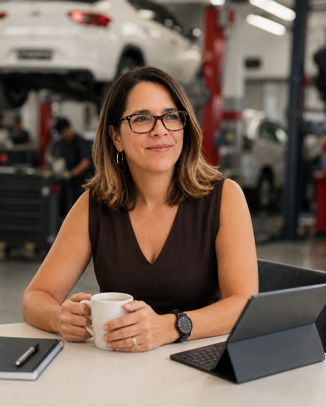 Carol Ferraz analisando indicadores em um tablet na oficina de uma concessionária