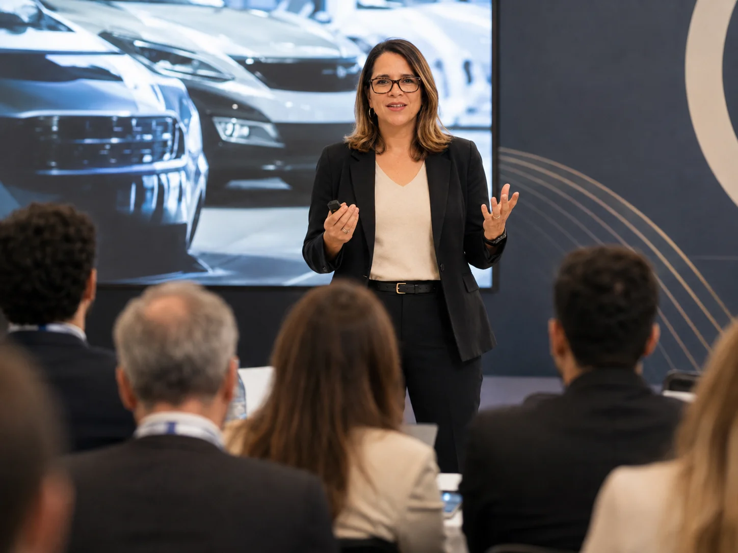 Carol Ferraz palestrando para profissionais do setor automotivo