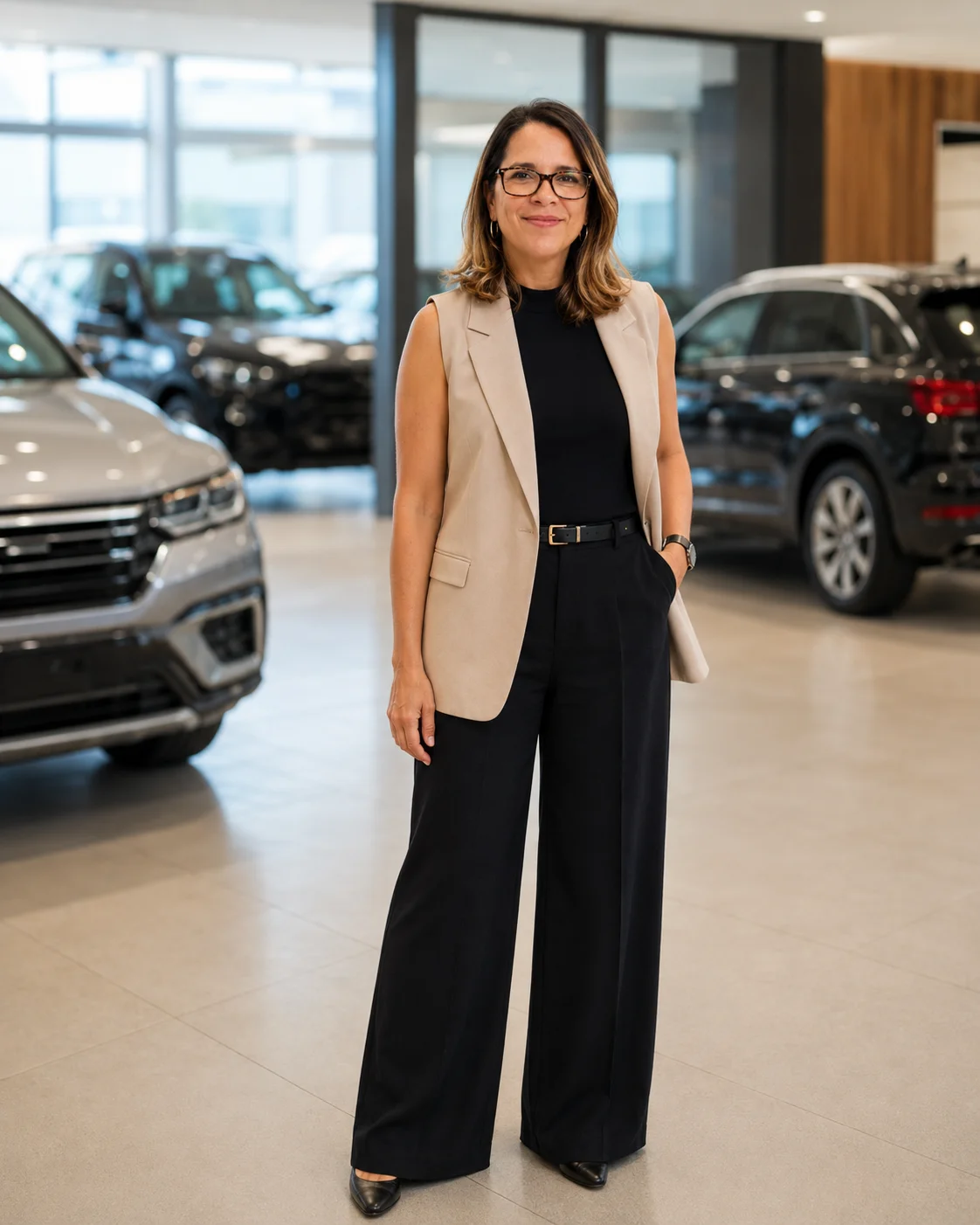Carol Ferraz no showroom de uma concessionária