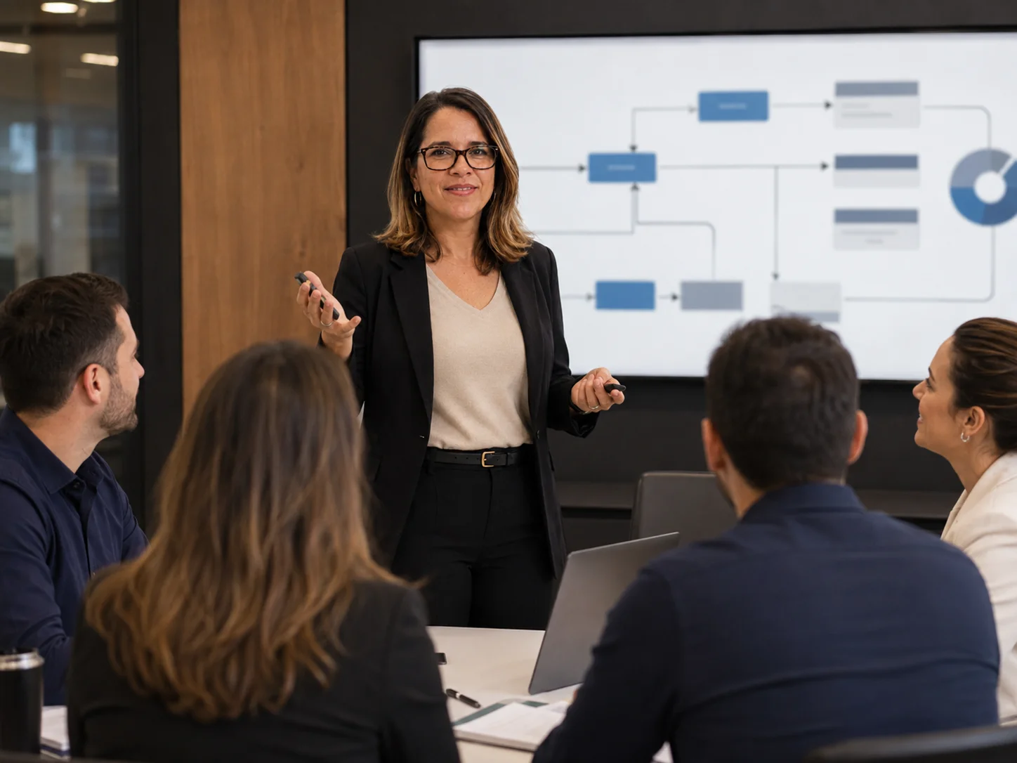 Carol Ferraz apresentando um fluxo de processo para a equipe de uma concessionária