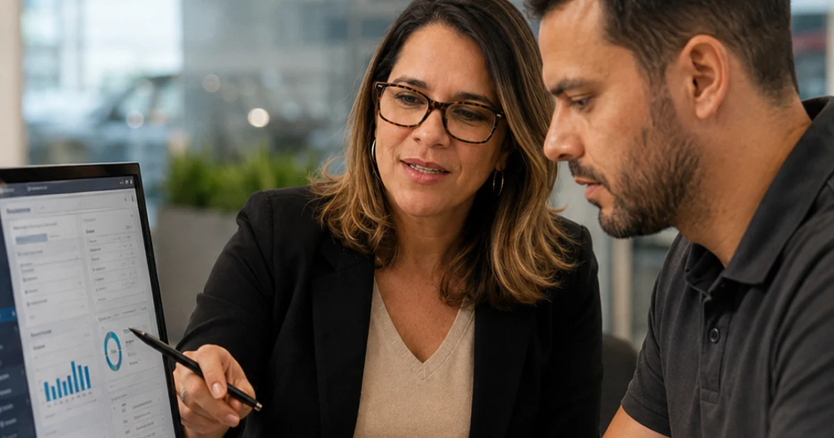 Carol Ferraz apontando um indicador no painel do CRM, ao lado de um consultor da concessionária