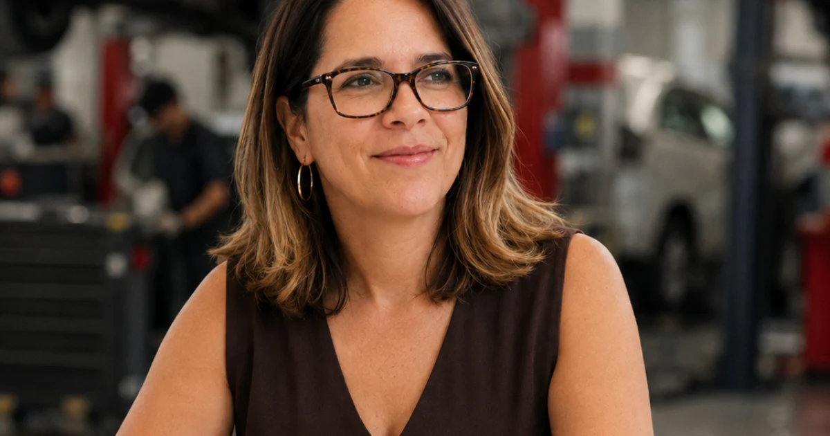 Carol Ferraz analisando indicadores em um tablet na oficina de uma concessionária, com veículos em manutenção ao fundo