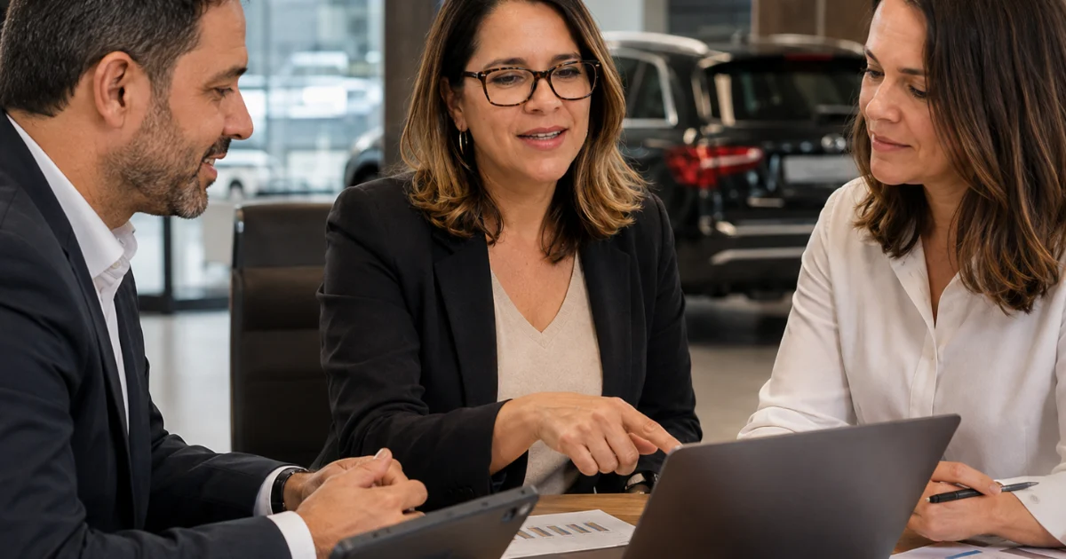Carol Ferraz em reunião com duas lideranças de concessionária, analisando relatórios de pós-venda