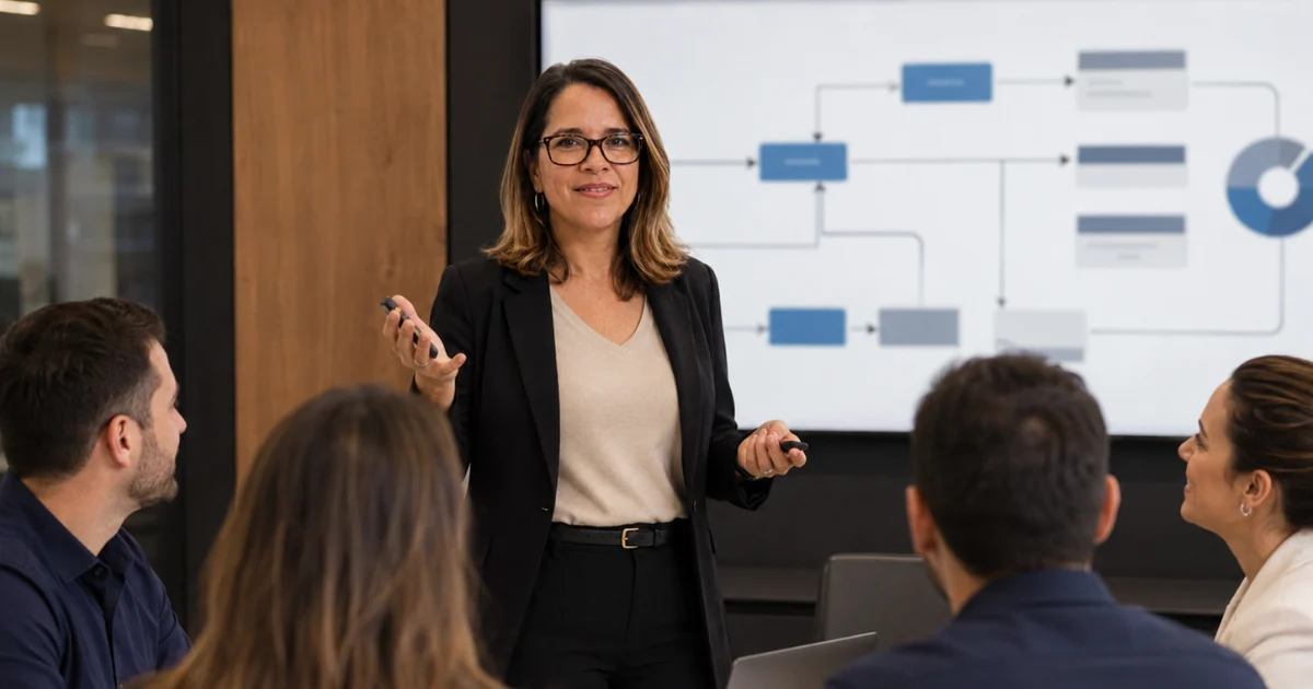 Carol Ferraz apresentando um fluxo de processo para a equipe de uma concessionária